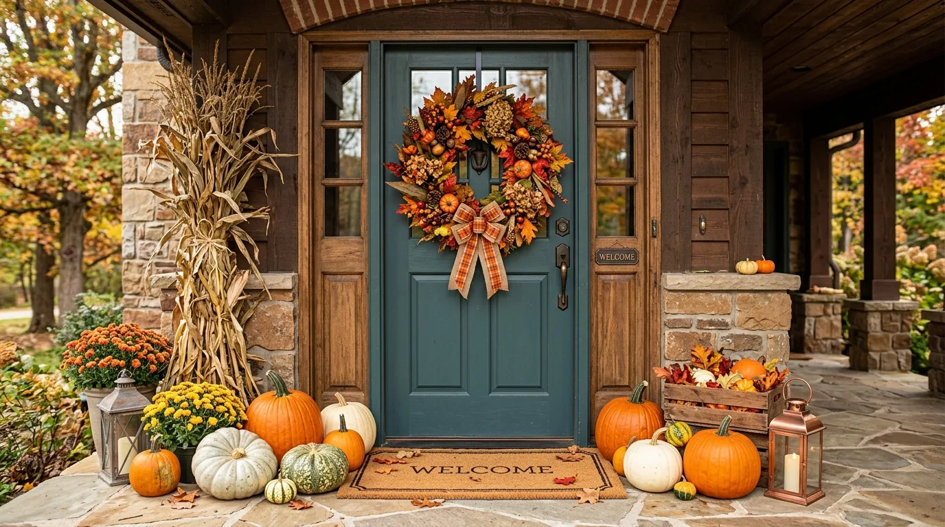Front door with large autumn wreath and pumpkins